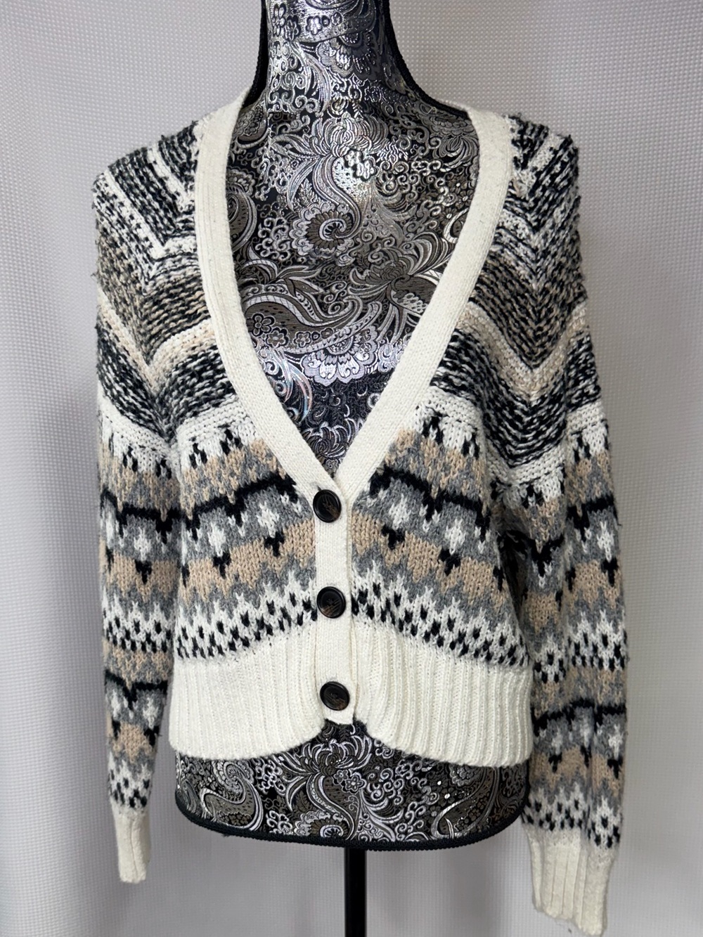 American Eagle Outfitters Fair Isle V-Neck Cardigan - Cream, Black & Brown